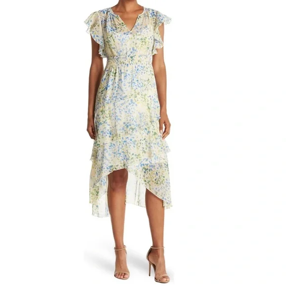 maggy london asymmetric dress Maggy London Boy Blue Twist Mock Neck Short Flutter Sleeve Midi Dress